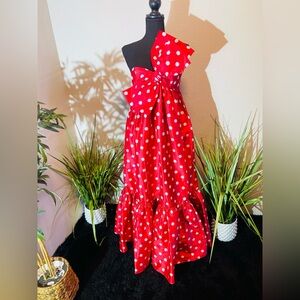 Elegant Red One Shoulder Polka Dot Dress